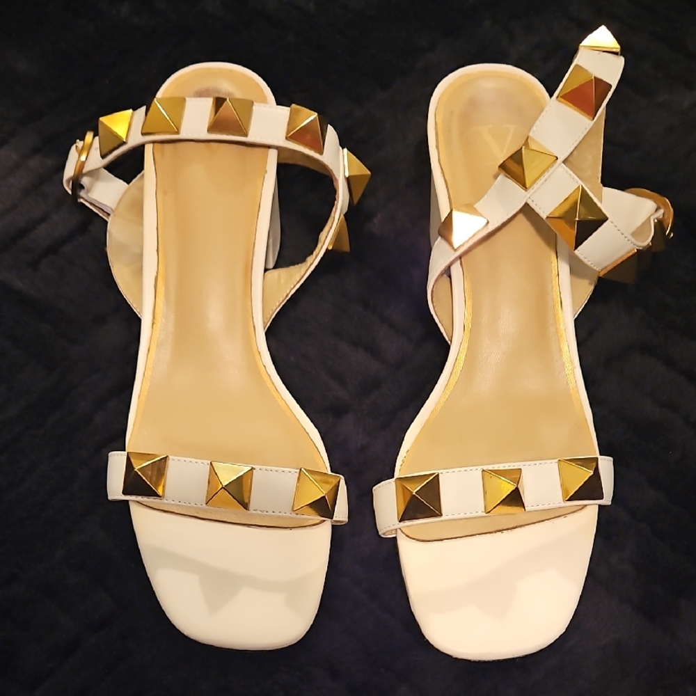 Valentino Garavani White and Gold Studded Sandals